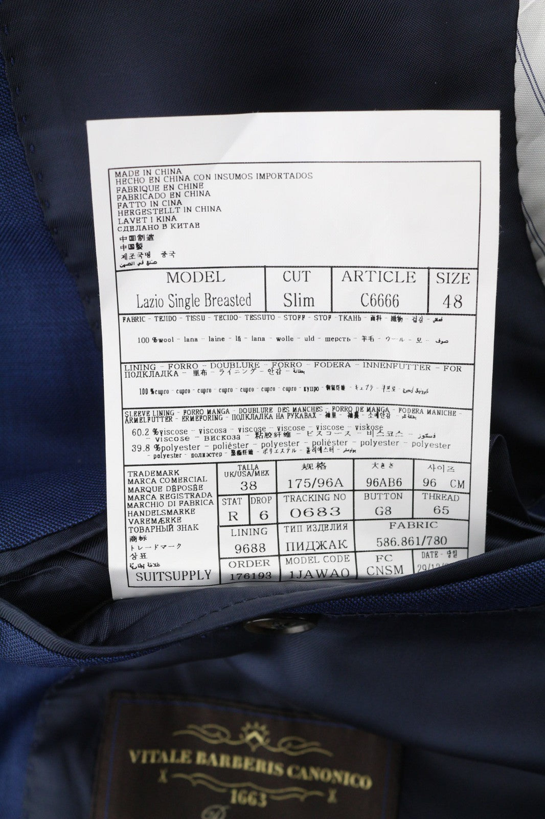 „SUITSUPPLY Lazio“ vyriškas UK38R „Super 110s“ vilnonis mėlynas plonas vieneilis švarkas 