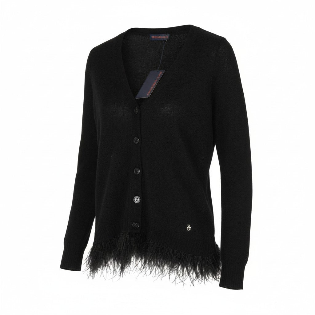 TRUSSARDI JEANS Women's XS Black Alpaca Wool Blend Cardigan Feather Detail