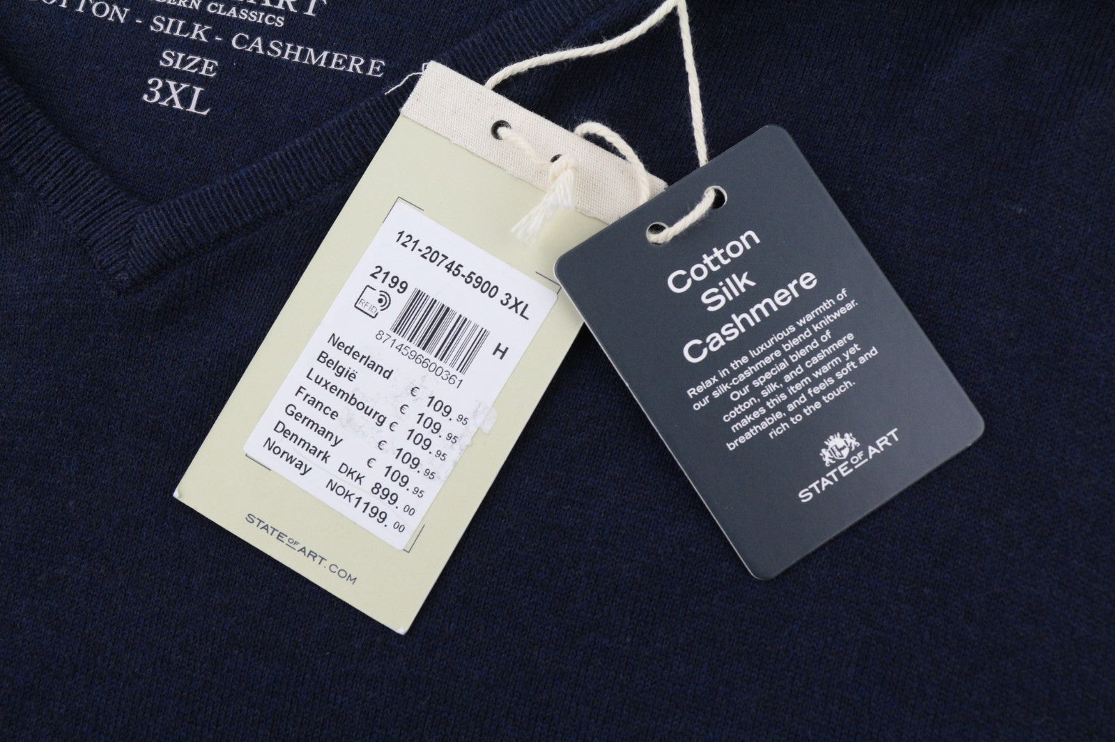 STATE OF ART Men's 3XL Navy Silk Cotton Cashmere V-Neck Knit Pullover