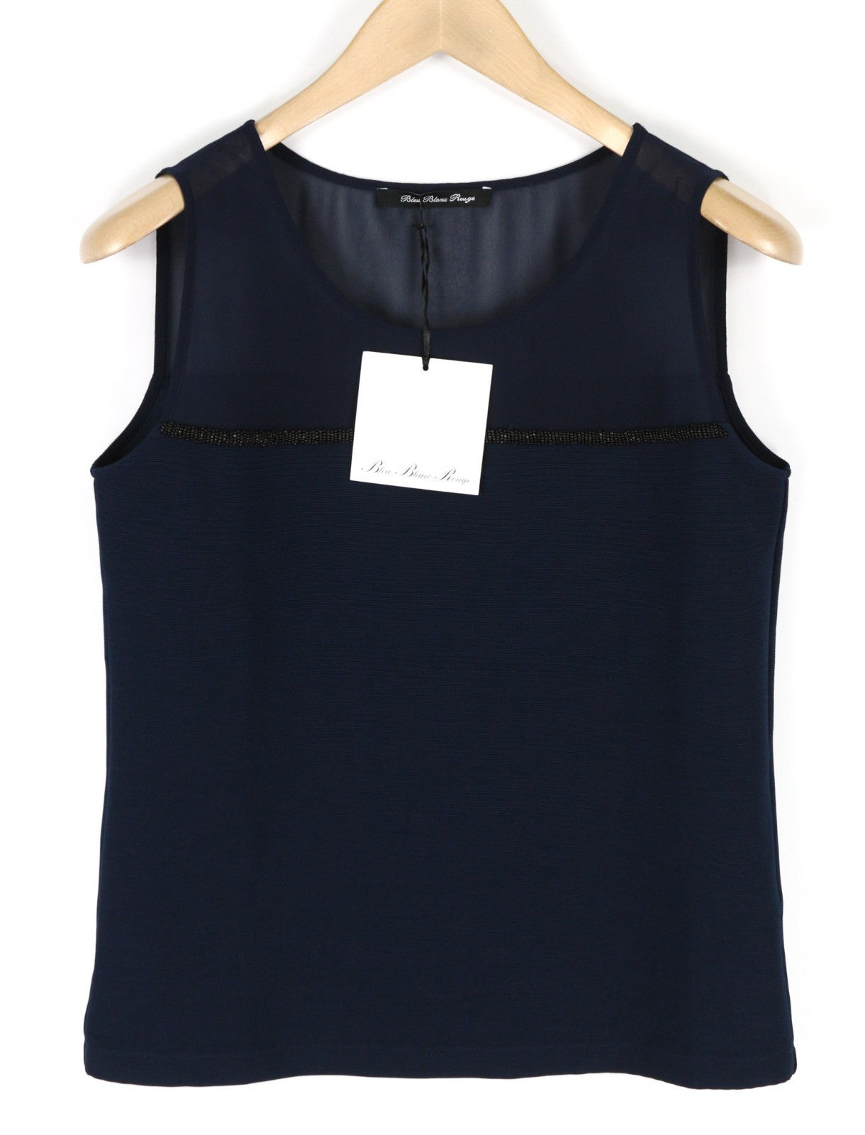 BLEU BLANC ROUGE Women's 38 Navy Stretch Sleeveless Round Neck Detailed Top