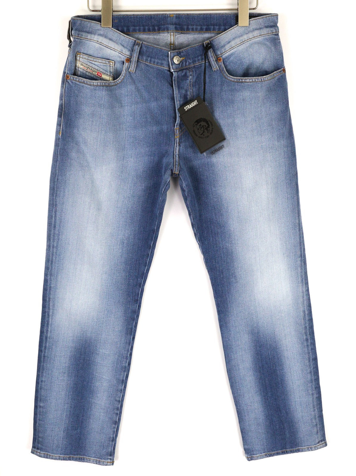 DIESEL D-Mihtry 009NF vyriški džinsai W34/L30 mėlyni, tiesaus kirpimo, tamprūs su sagomis 