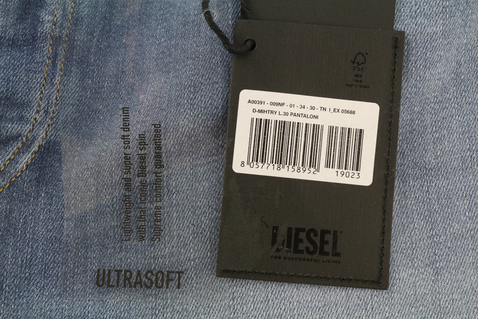 DIESEL D-Mihtry 009NF vyriški džinsai W34/L30 mėlyni, tiesaus kirpimo, tamprūs su sagomis 