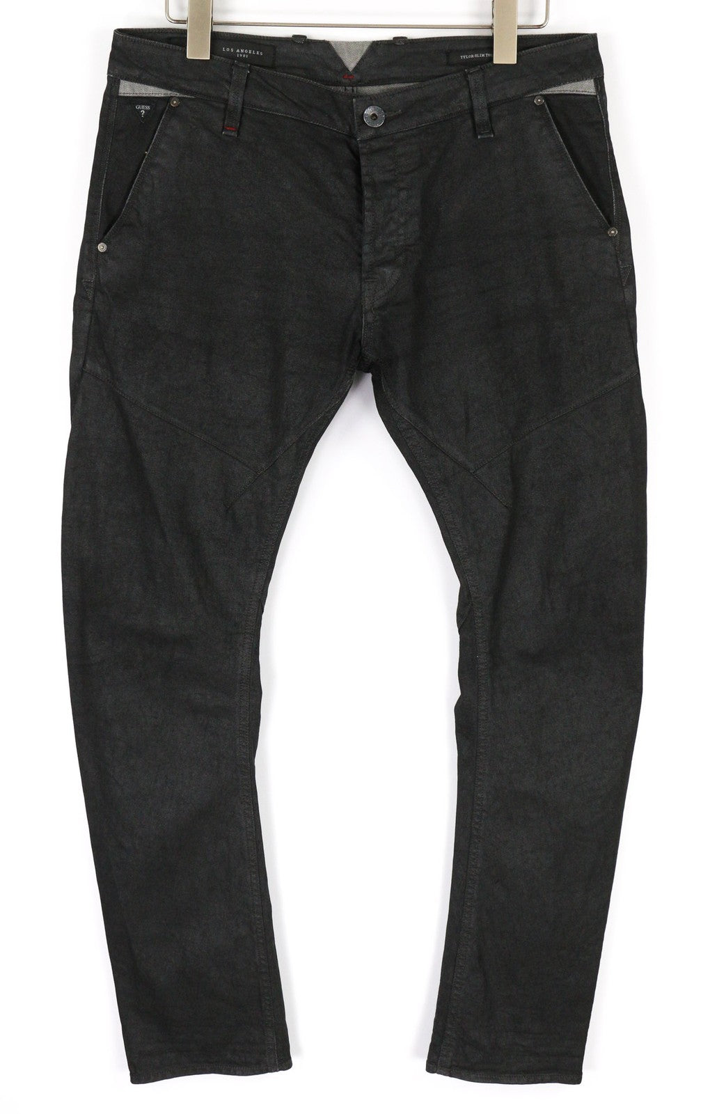 GUESS Tylor vyriški juodi tamprūs medvilniniai susukti ploni džinsai su sagomis 