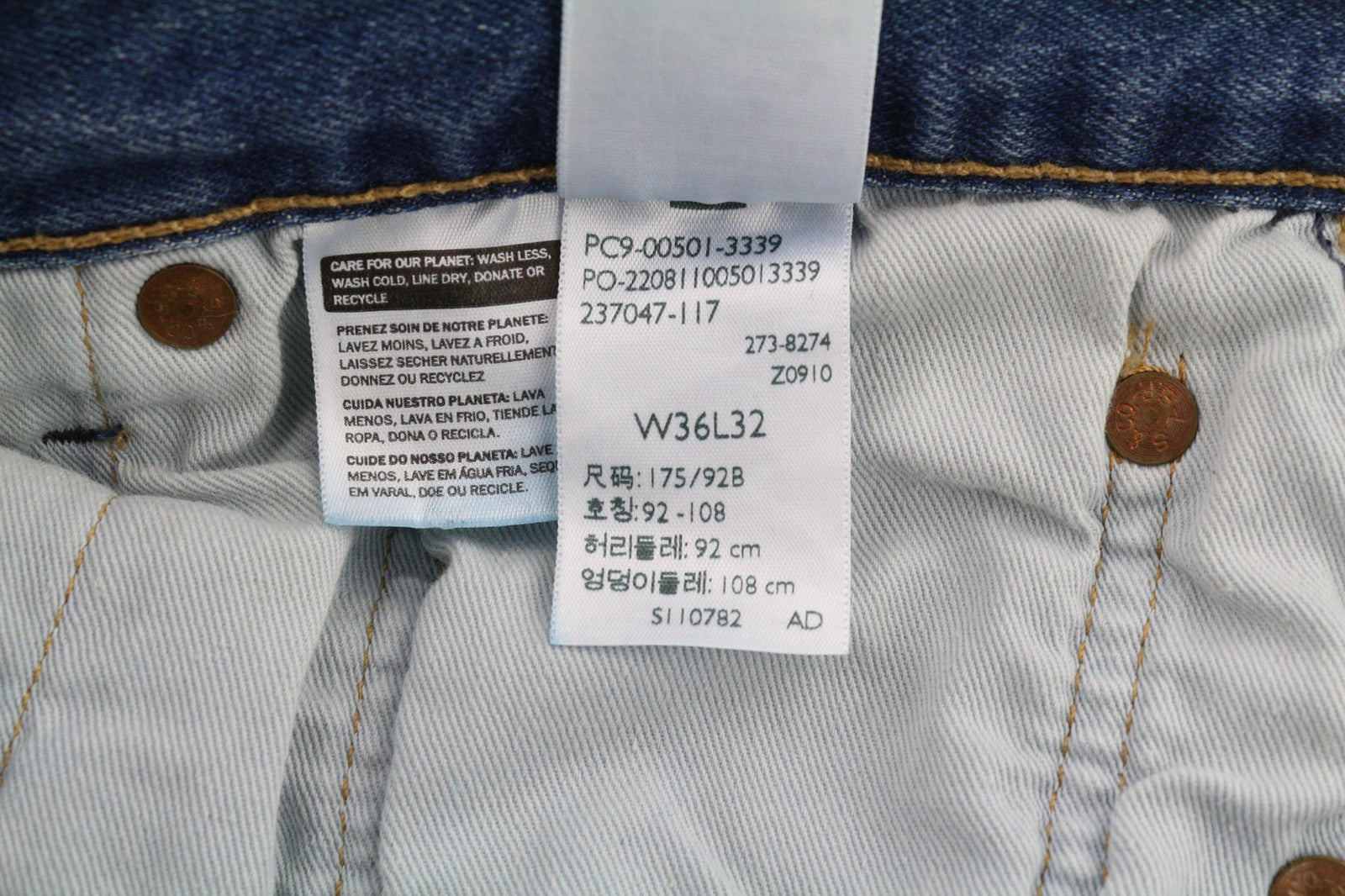 LEVI STRAUSS &amp; CO 501 vyriški W36/L32 mėlyni tamprūs, tiesaus kirpimo, skalbti džinsai 