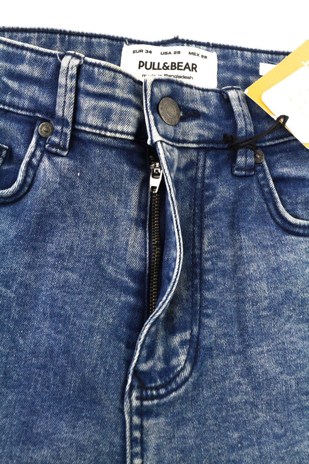 PULL &amp; BEAR vyriški mėlyni tamprūs, morkų kirpimo, laisvalaikio stiliaus džinsai su 5 kišenėmis, EU34 dydis 