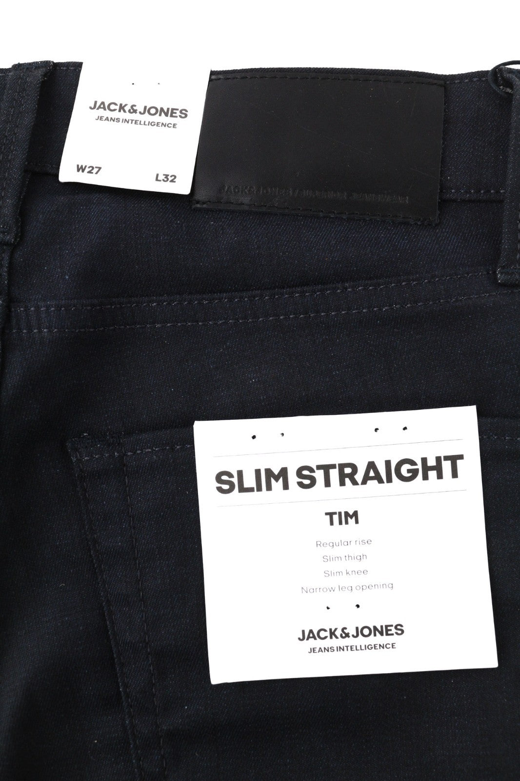 JACK &amp; JONES Tim vyriški W27/L32 juodi medvilniniai tamprūs ploni tiesaus kirpimo džinsai su sagomis 