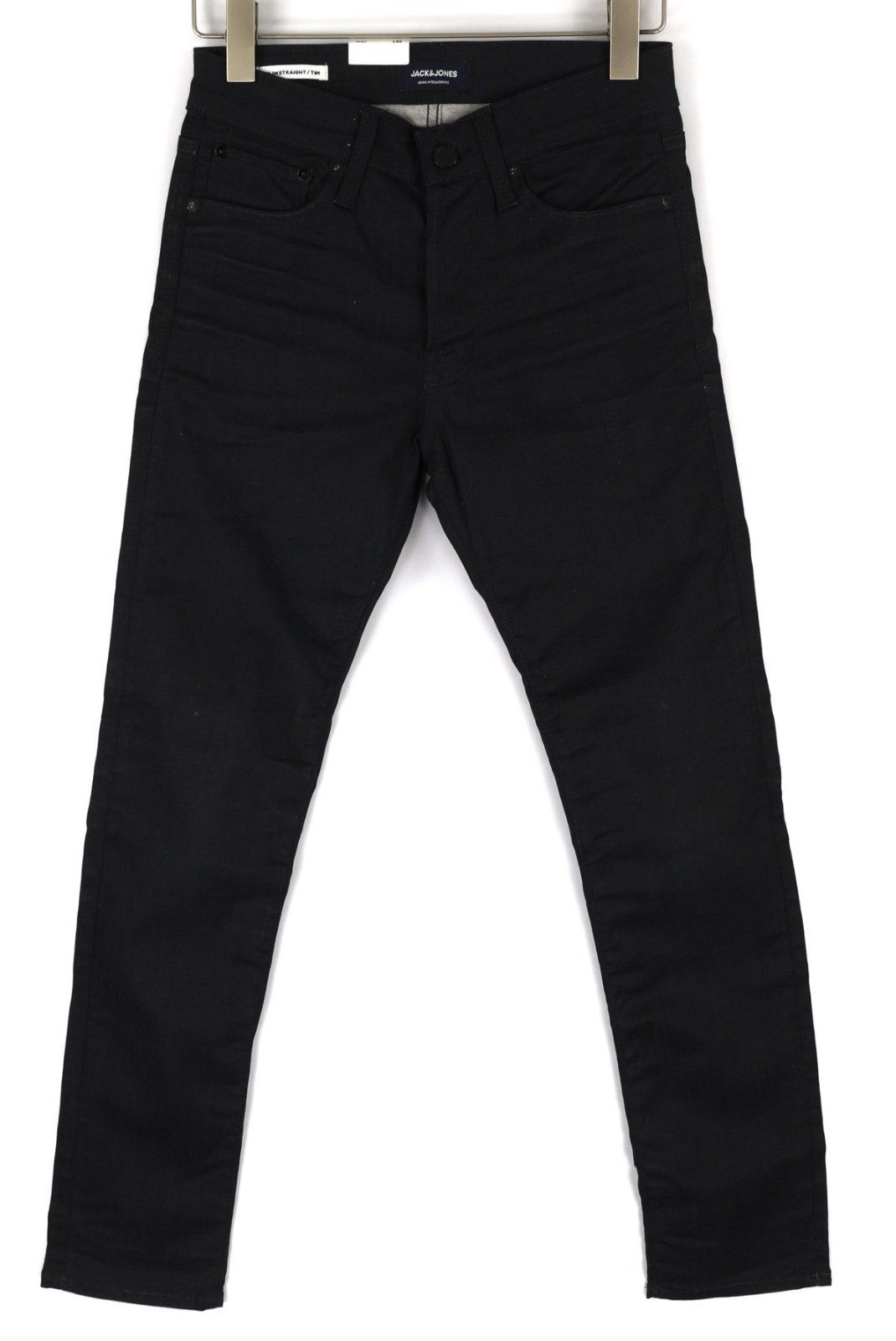 JACK &amp; JONES Tim vyriški W27/L32 juodi medvilniniai tamprūs ploni tiesaus kirpimo džinsai su sagomis 