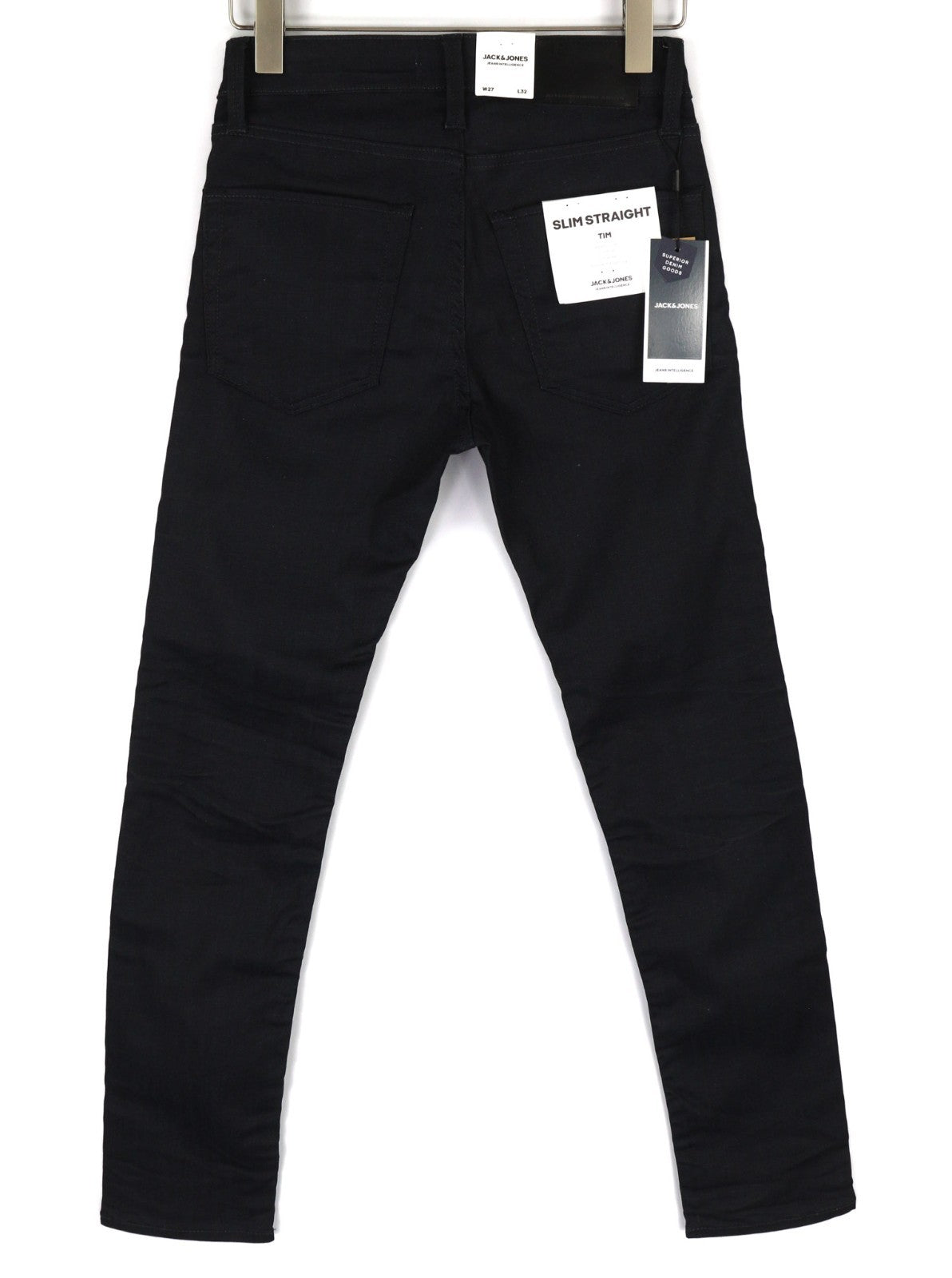 JACK &amp; JONES Tim vyriški W27/L32 juodi medvilniniai tamprūs ploni tiesaus kirpimo džinsai su sagomis 