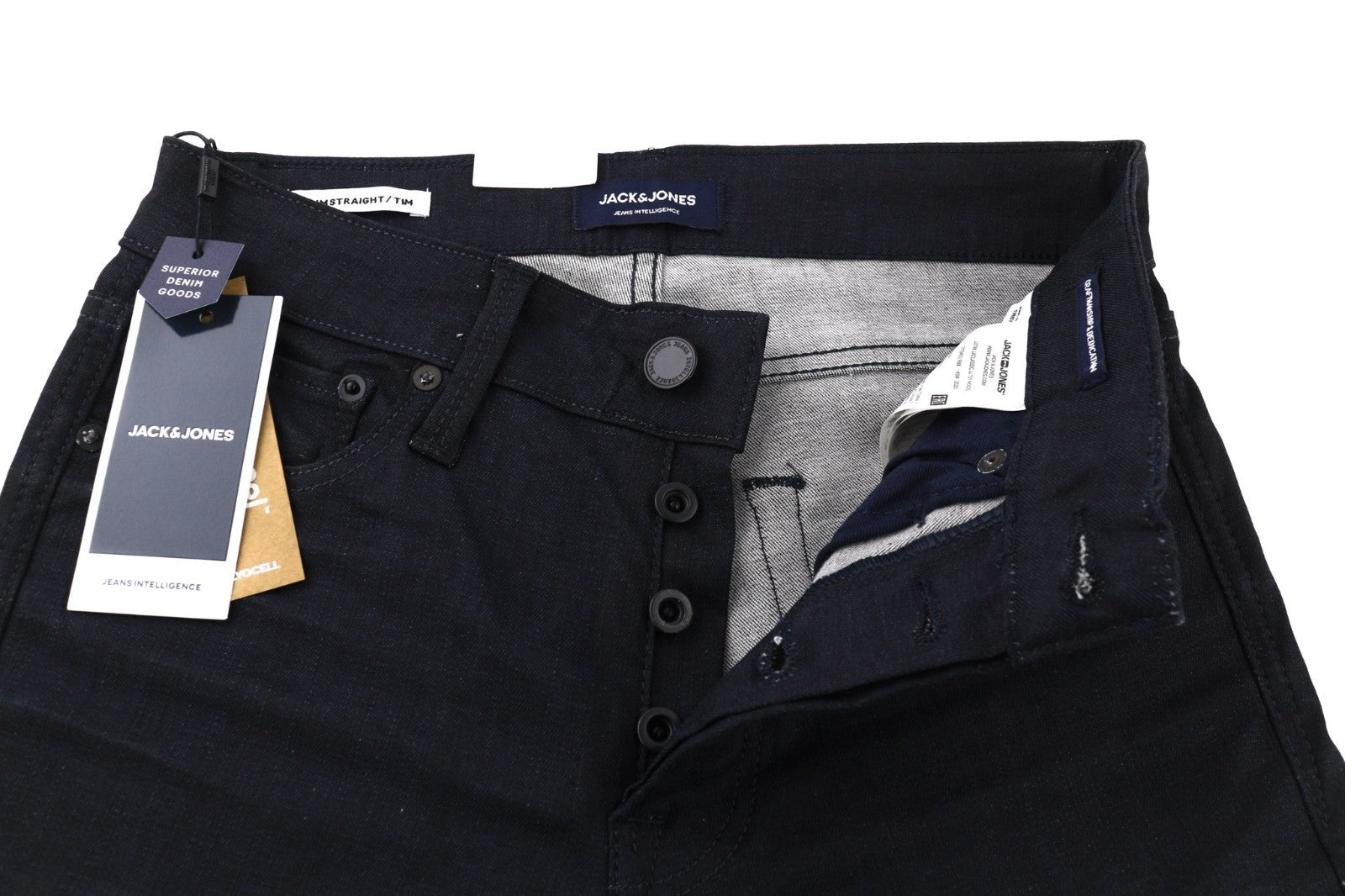 JACK &amp; JONES Tim vyriški W27/L32 juodi medvilniniai tamprūs ploni tiesaus kirpimo džinsai su sagomis 