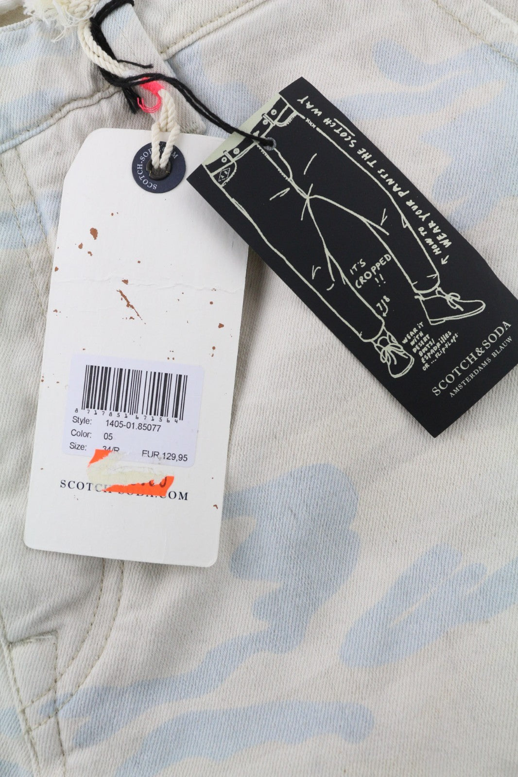 SCOTCH &amp; SODA Stump vyriški W34 pilki medvilniniai laisvi siaurėjantys trumpinti raštuoti džinsai 