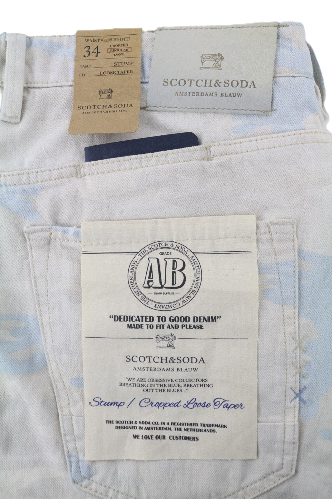 SCOTCH &amp; SODA Stump vyriški W34 pilki medvilniniai laisvi siaurėjantys trumpinti raštuoti džinsai 