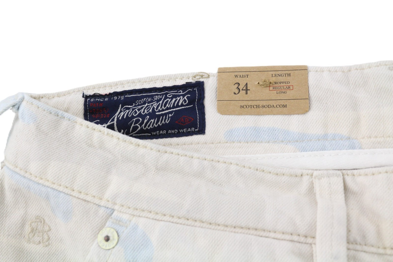 SCOTCH &amp; SODA Stump vyriški W34 pilki medvilniniai laisvi siaurėjantys trumpinti raštuoti džinsai 