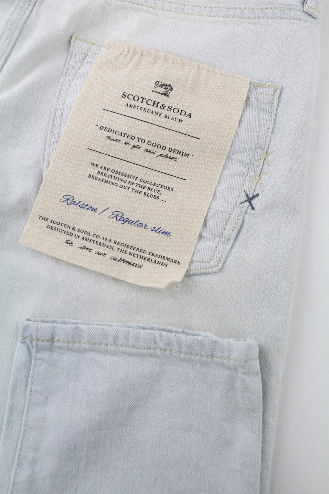 SCOTCH &amp; SODA Ralston vyriški šviesiai mėlyni grynos medvilnės įprasto kirpimo džinsai W28/L32 