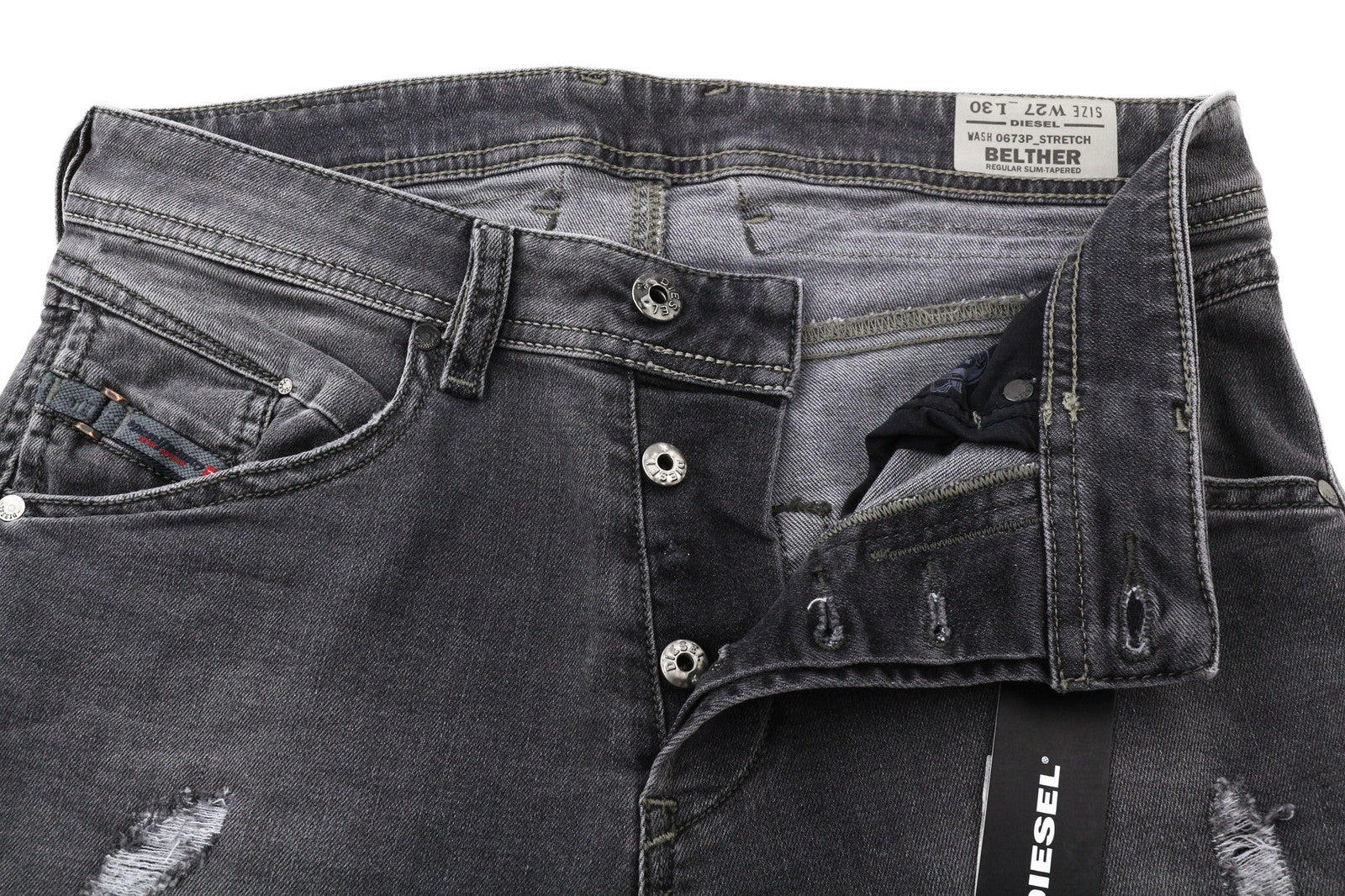 DIESEL Belther 0673P vyriški džinsai W27/L30 Slim Taper su dirbtinio atspalvio sagomis 