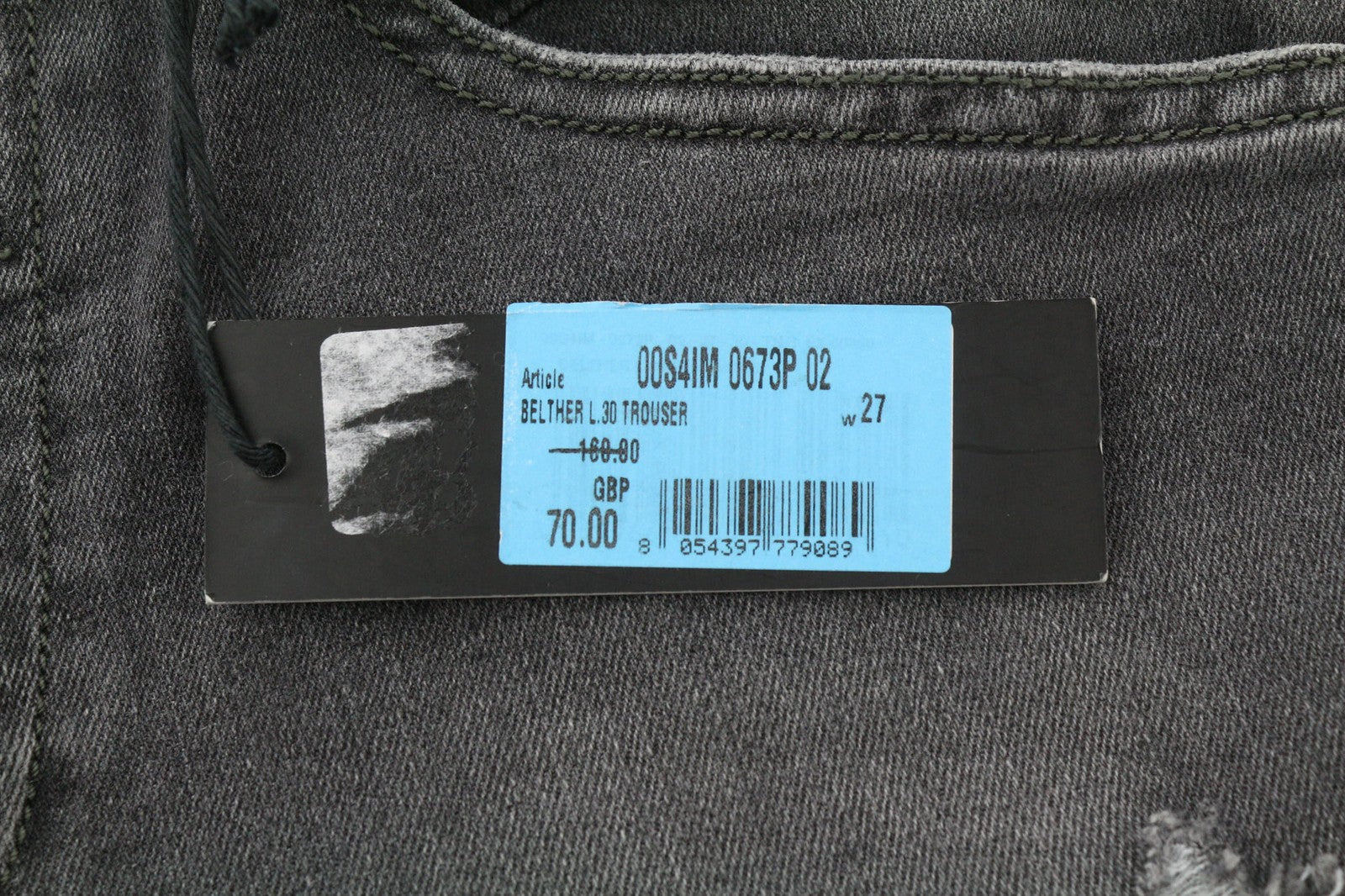 DIESEL Belther 0673P vyriški džinsai W27/L30 Slim Taper su dirbtinio atspalvio sagomis 