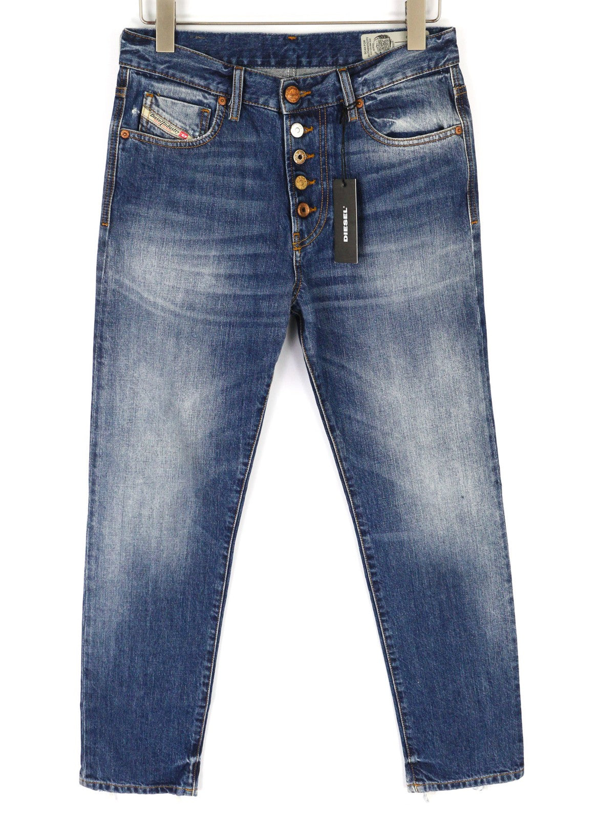 DIESEL Mharky-B 085AG vyriški mėlyni W29/L32 skalbti ploni aptempti grynos medvilnės džinsai 