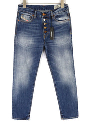 DIESEL Mharky-B 085AG vyriški mėlyni W29/L32 skalbti ploni aptempti grynos medvilnės džinsai 