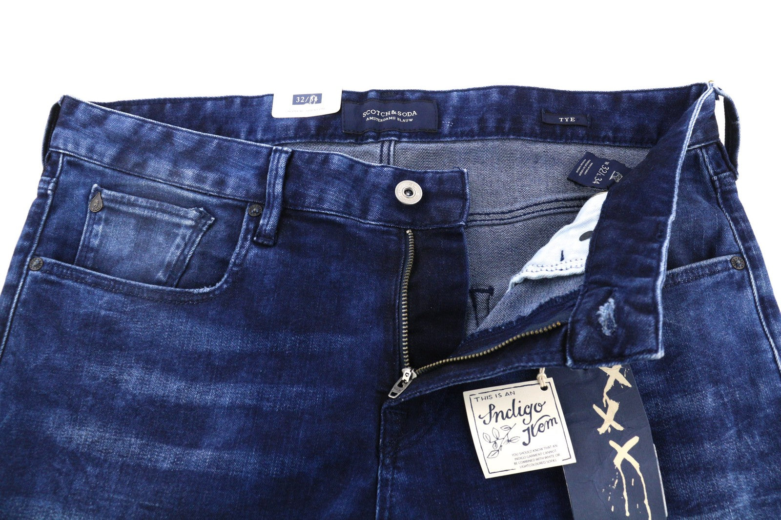 SCOTCH &amp; SODA Tye vyriški W32/L34 mėlyni skalbtos medvilnės tamprūs ploni morkų rašto džinsai 