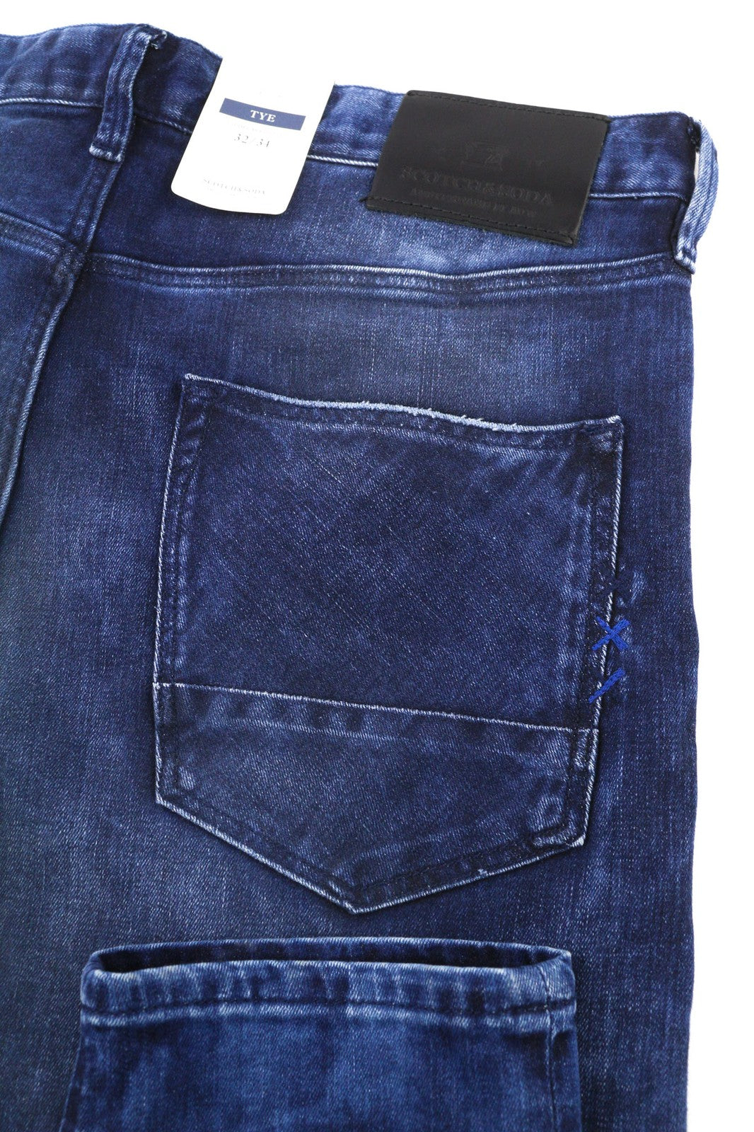 SCOTCH &amp; SODA Tye vyriški W32/L34 mėlyni skalbtos medvilnės tamprūs ploni morkų rašto džinsai 