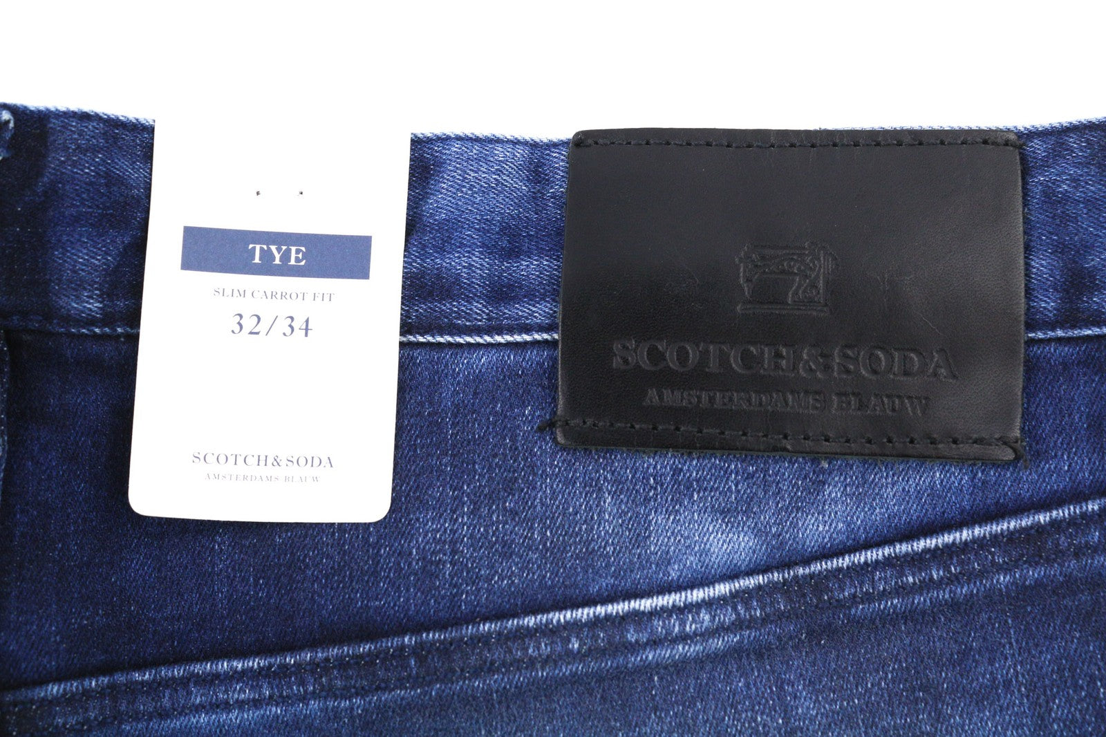 SCOTCH &amp; SODA Tye vyriški W32/L34 mėlyni skalbtos medvilnės tamprūs ploni morkų rašto džinsai 