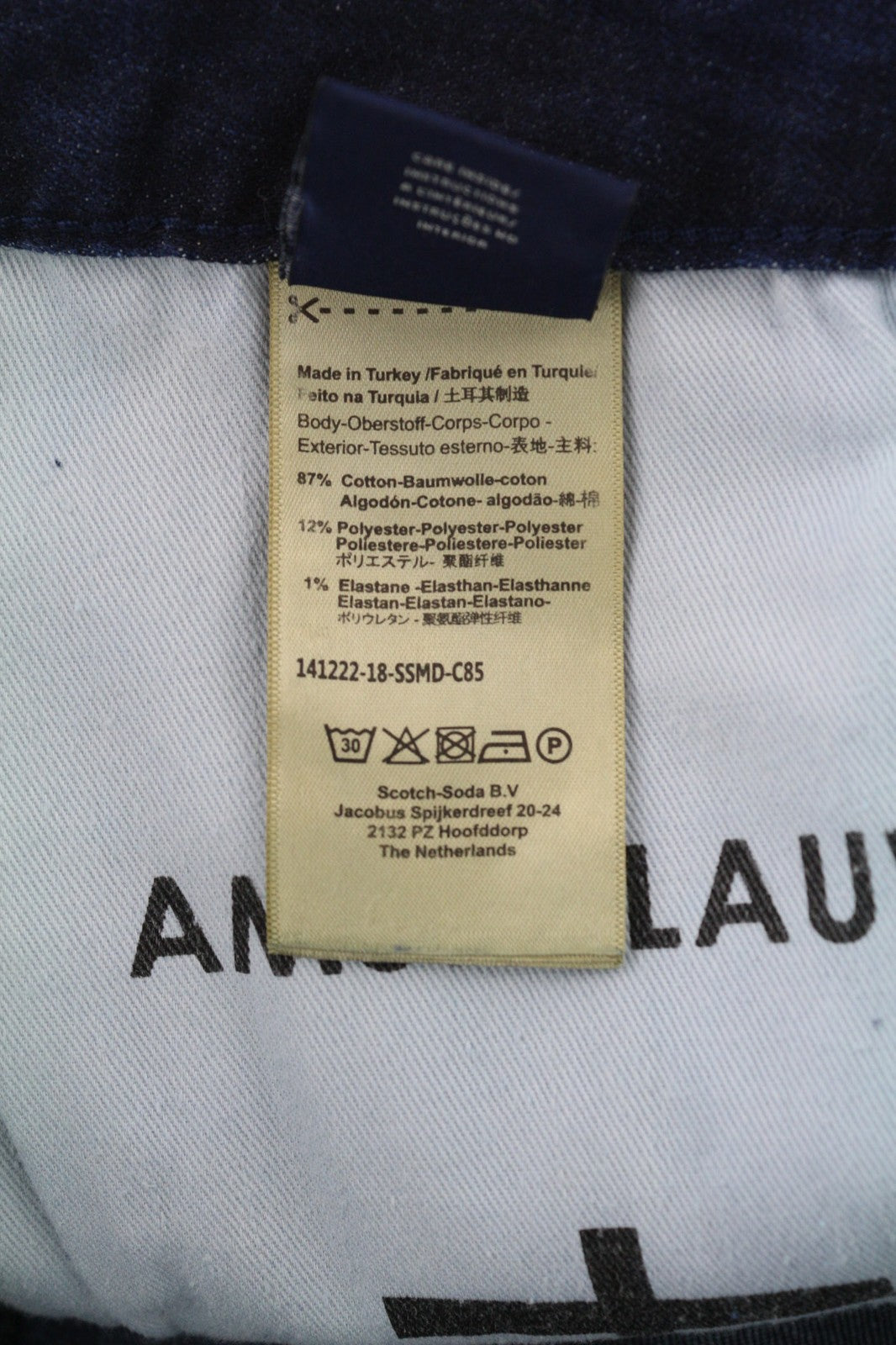 SCOTCH &amp; SODA Tye vyriški W32/L34 mėlyni skalbtos medvilnės tamprūs ploni morkų rašto džinsai 