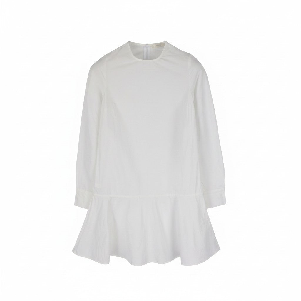 SUISTUDIO Dylan moteriška suknelė, UK6, balta, medvilninė, apvali apykaklė, ilgomis rankovėmis, trumpa, su logotipu. 