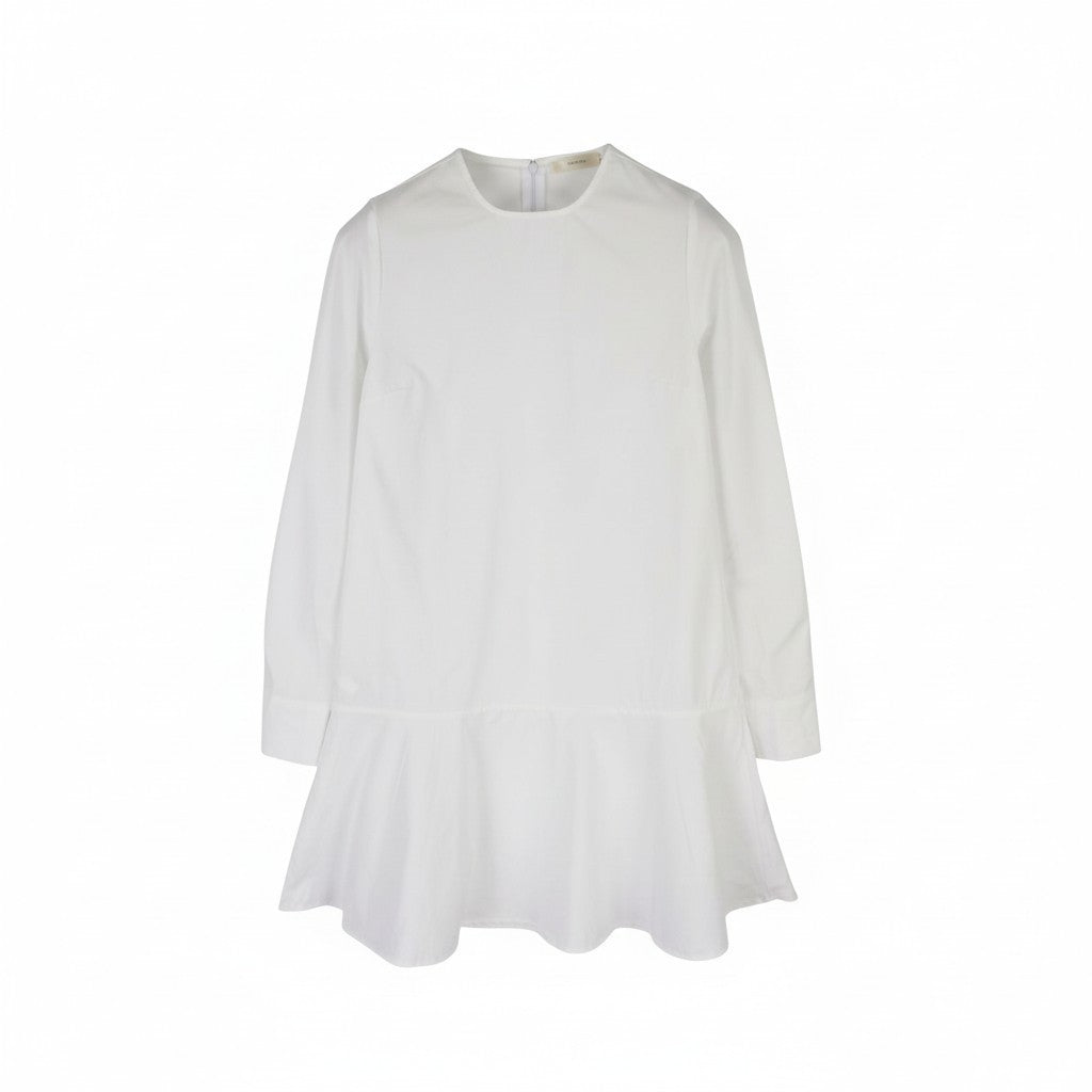 SUISTUDIO Dylan moteriška suknelė UK10 balta medvilninė ilgomis rankovėmis apvali apykakle trumpi logotipai 