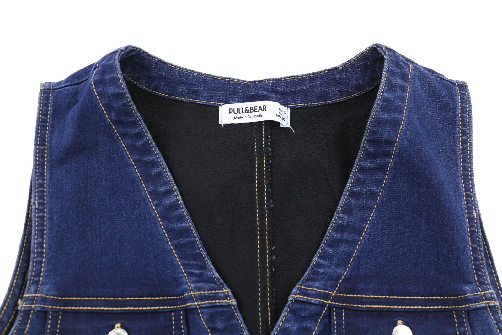 PULL&BEAR Women's Dress L Blue Denim Sleeveless V-Neck Button Pocket Short