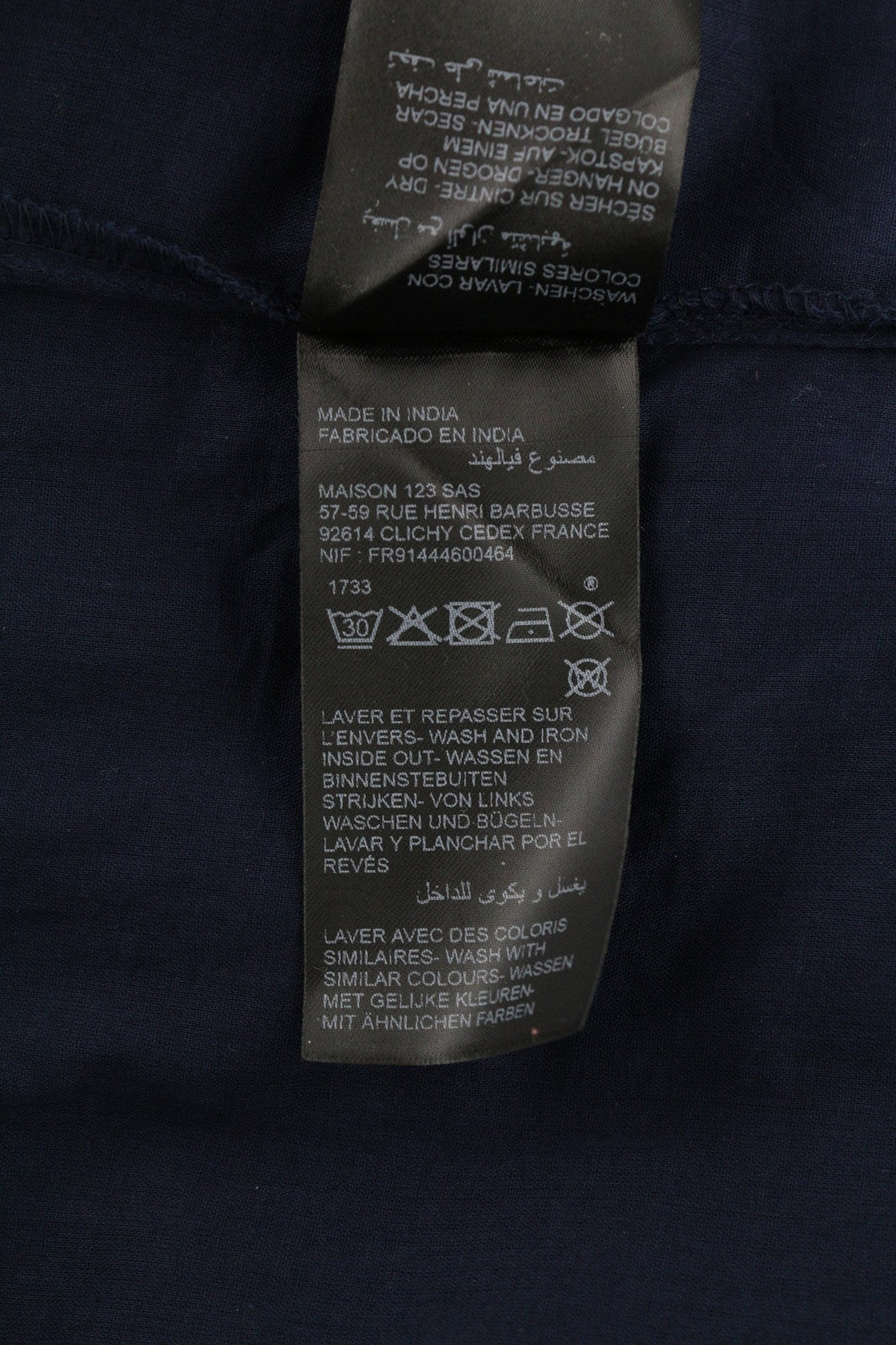 MAISON 123 Corelia R Guip moteriška suknelė 42 tamsiai mėlyna trumpomis rankovėmis su 1/4 sagomis 