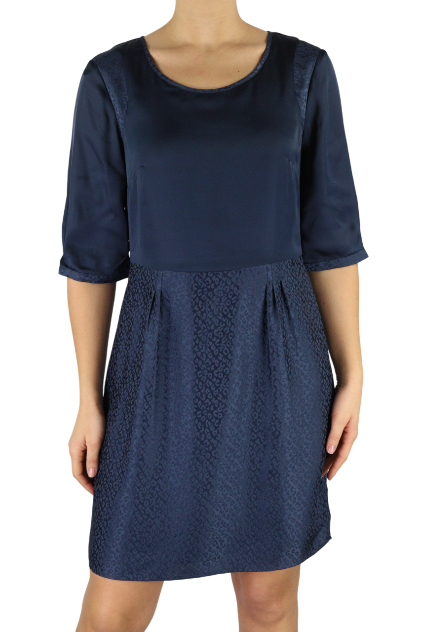 ONE STEP Ikks moteriška suknelė, 38 cm, tamsiai mėlyna, šilko mišinio, su 3/4 rankovėmis, užtrauktuku ir raštu. 