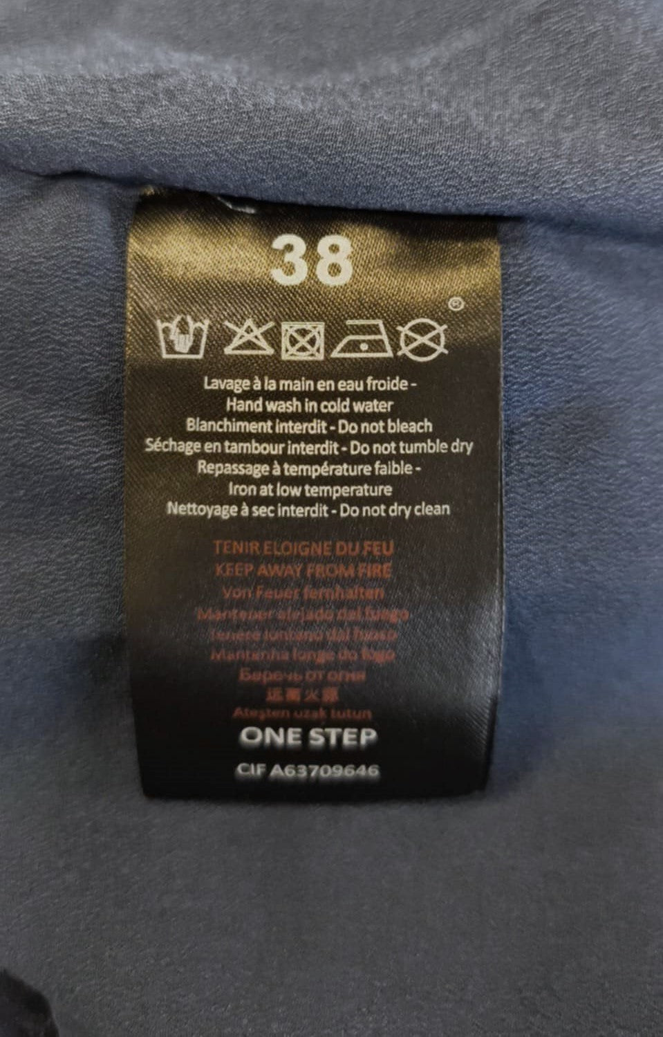 ONE STEP Ikks moteriška suknelė, 38 cm, tamsiai mėlyna, šilko mišinio, su 3/4 rankovėmis, užtrauktuku ir raštu. 