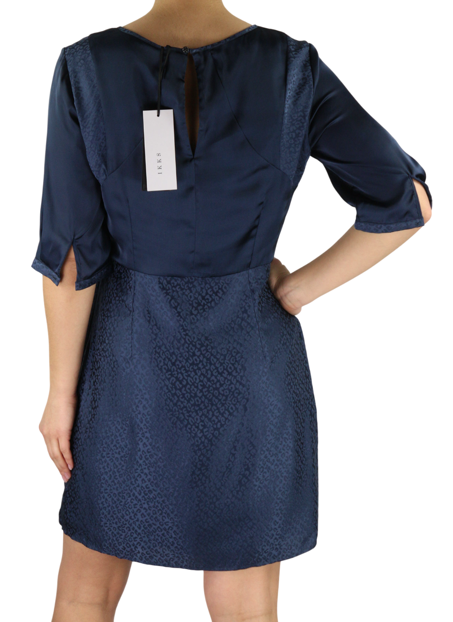 ONE STEP Ikks moteriška suknelė, 38 cm, tamsiai mėlyna, šilko mišinio, su 3/4 rankovėmis, užtrauktuku ir raštu. 