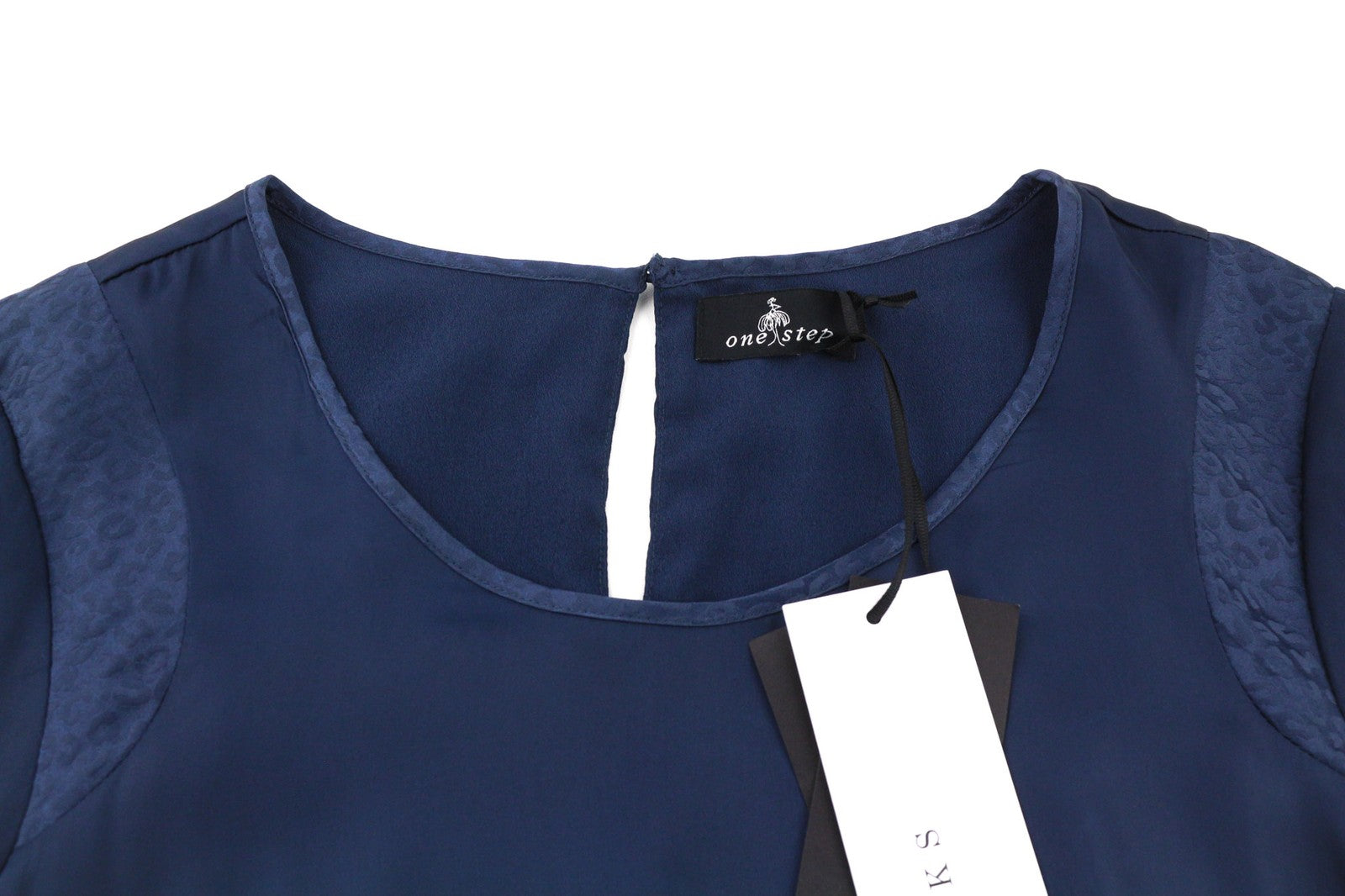 ONE STEP Ikks moteriška suknelė, 38 cm, tamsiai mėlyna, šilko mišinio, su 3/4 rankovėmis, užtrauktuku ir raštu. 