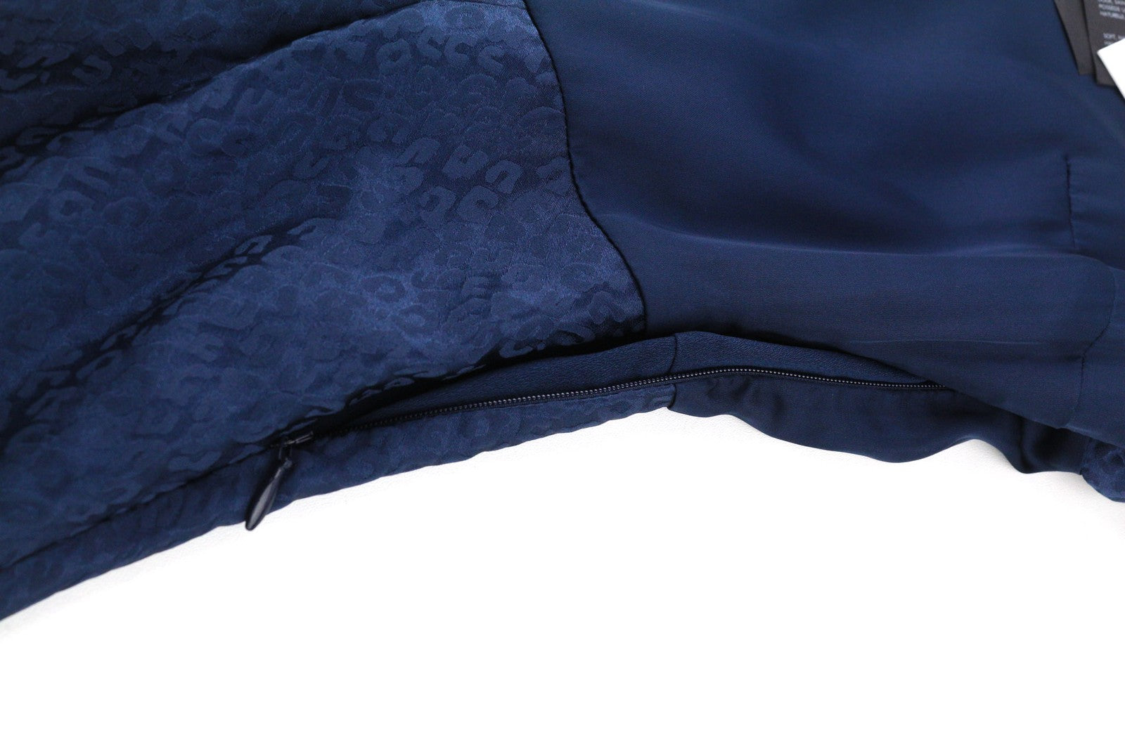 ONE STEP Ikks moteriška suknelė, 38 cm, tamsiai mėlyna, šilko mišinio, su 3/4 rankovėmis, užtrauktuku ir raštu. 