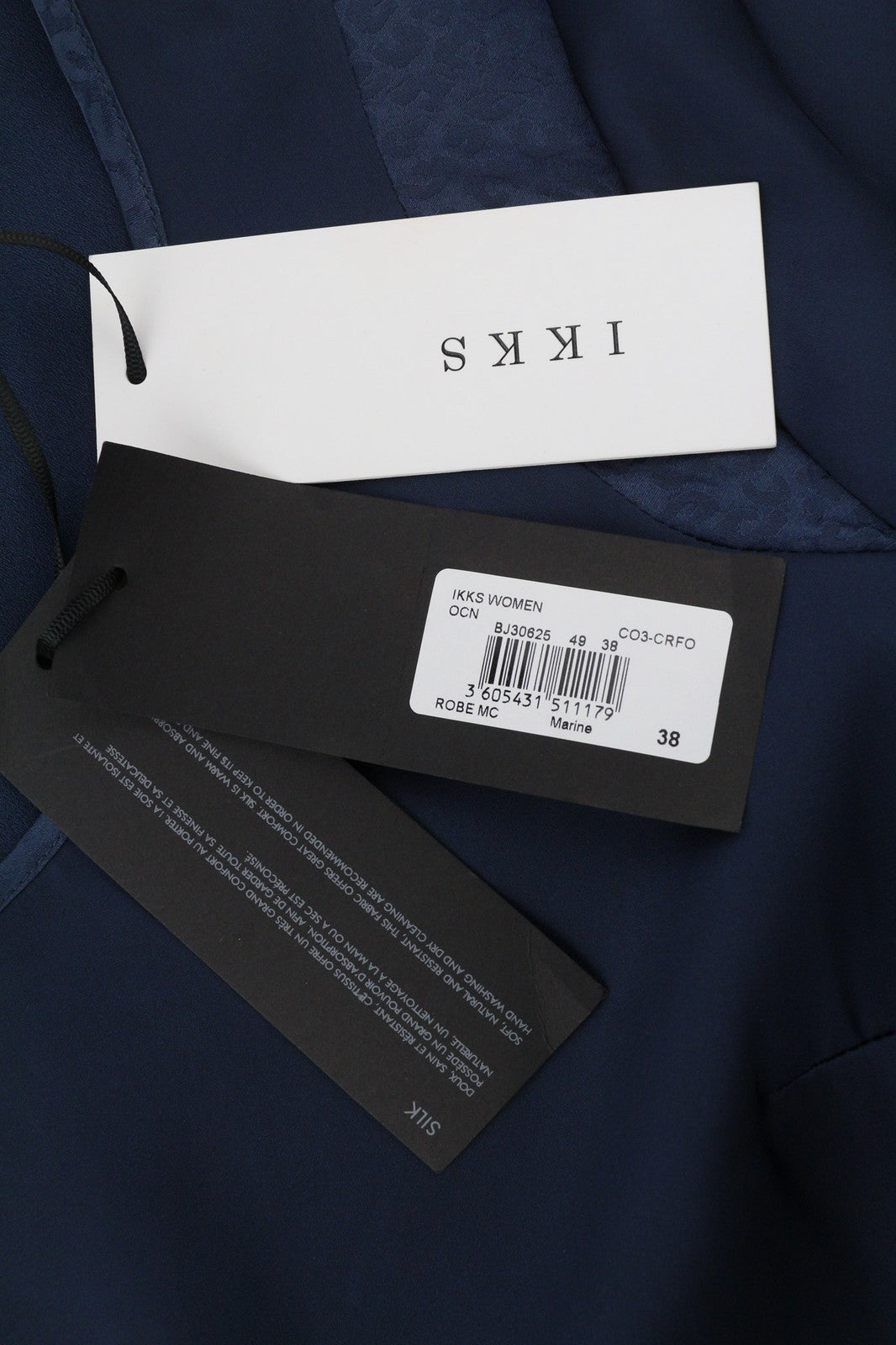 ONE STEP Ikks moteriška suknelė, 38 cm, tamsiai mėlyna, šilko mišinio, su 3/4 rankovėmis, užtrauktuku ir raštu. 