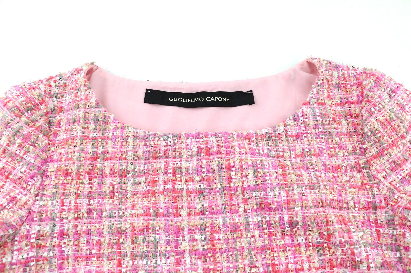 GUGLIELMO CAPONE Women's Dress ~S Tweed 3/4 Sleeve Crew Neck Pocket Short Print