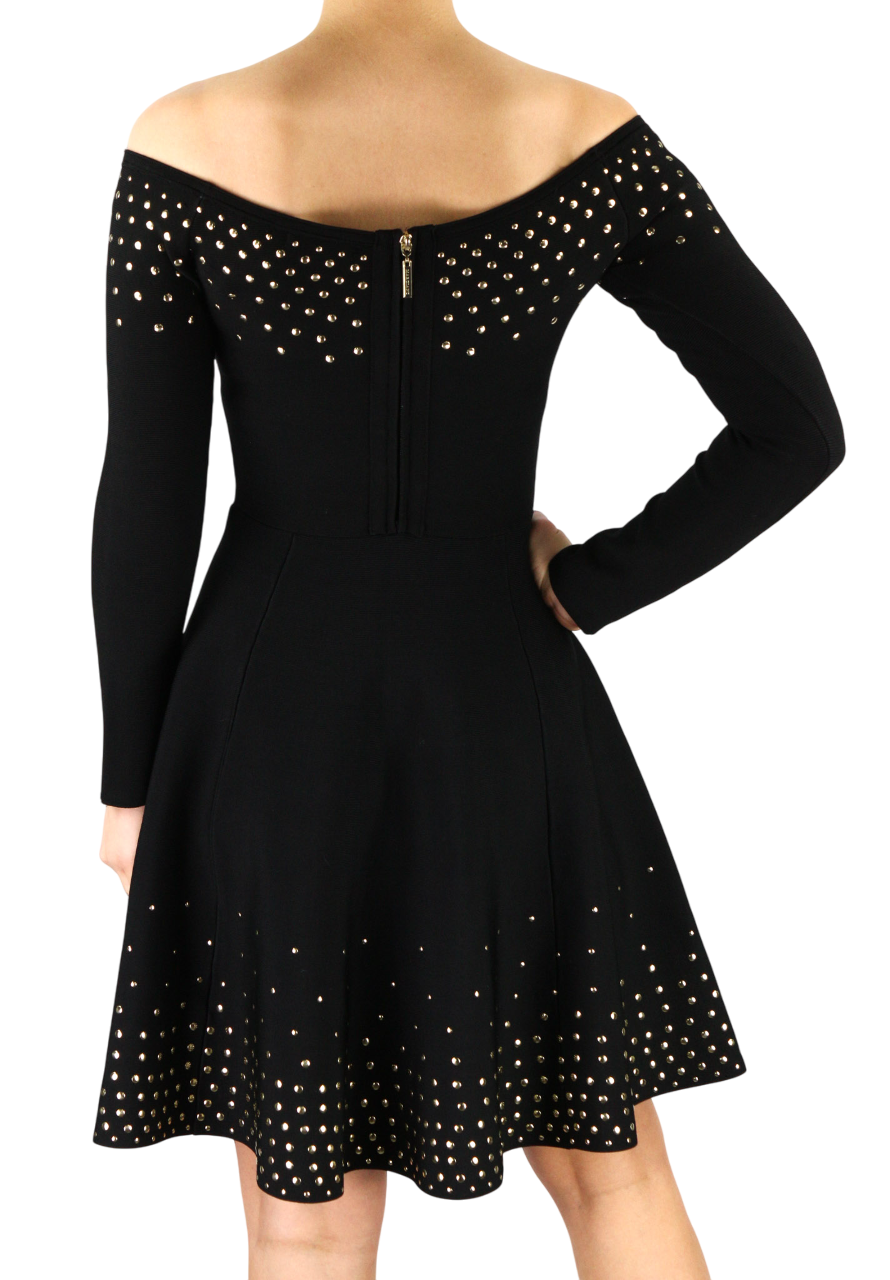 MARCIANO FOR GUESS moteriška suknelė M juoda atvira pečiais ilgomis rankovėmis su metalinėmis detalėmis 