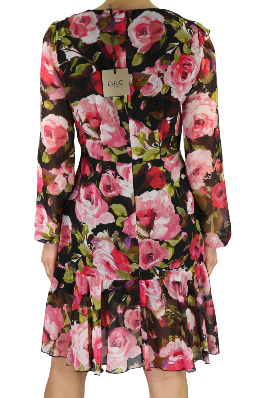 LIU JO Volant moteriška suknelė 40 cm ilgio, gėlėta, V formos iškirpte, ilgomis rankovėmis, su pamušalu ir užtrauktuku. Trumpi logotipo užsegimai. 