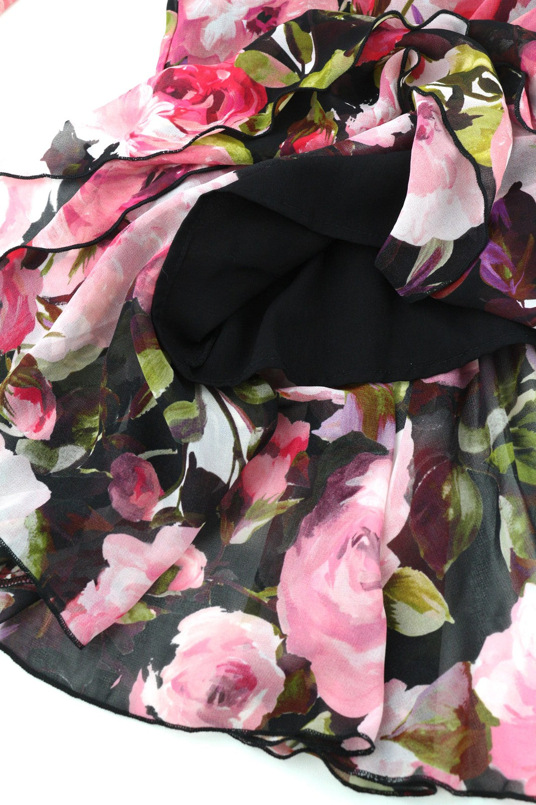 LIU JO Volant moteriška suknelė 40 cm ilgio, gėlėta, V formos iškirpte, ilgomis rankovėmis, su pamušalu ir užtrauktuku. Trumpi logotipo užsegimai. 