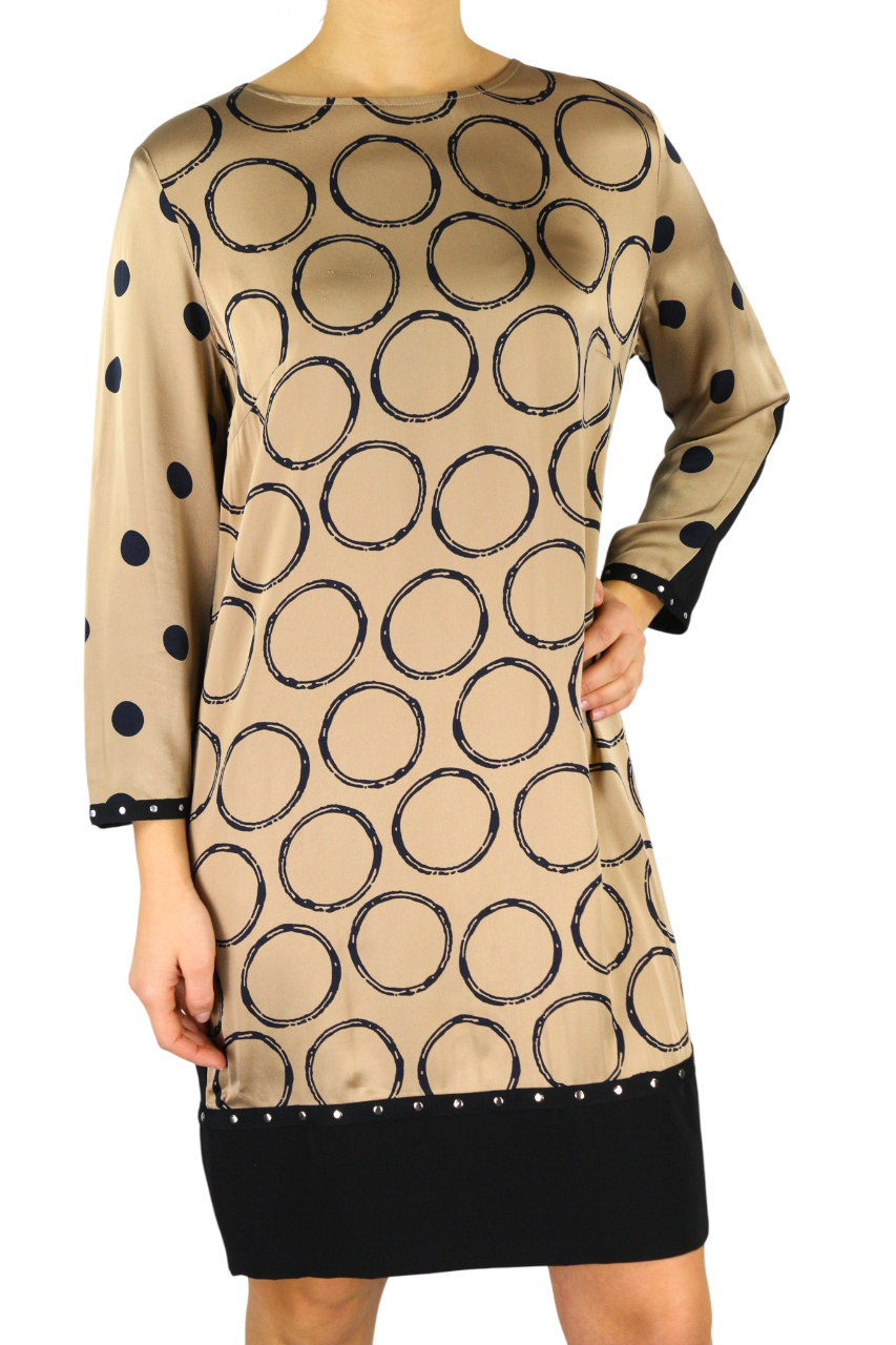 BLEU BLANC ROUGE Magie moteriška suknelė S smėlio spalvos, 3/4 rankovėmis, apvalia iškirpte, raštuota trumpa suknelė 