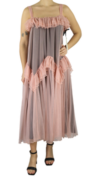 GUGLIELMO CAPONE lėlių moteriška suknelė 42 rožinė be rankovių tiulio su raukiniais ir midi logotipu 