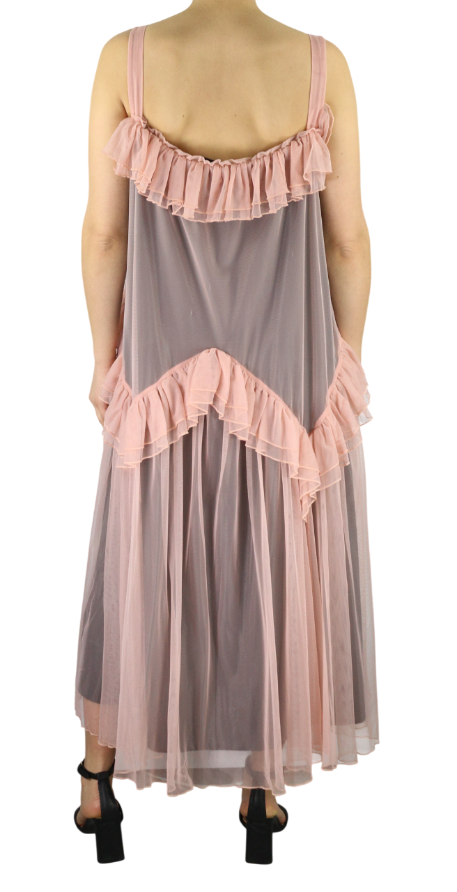 GUGLIELMO CAPONE lėlių moteriška suknelė 42 rožinė be rankovių tiulio su raukiniais ir midi logotipu 