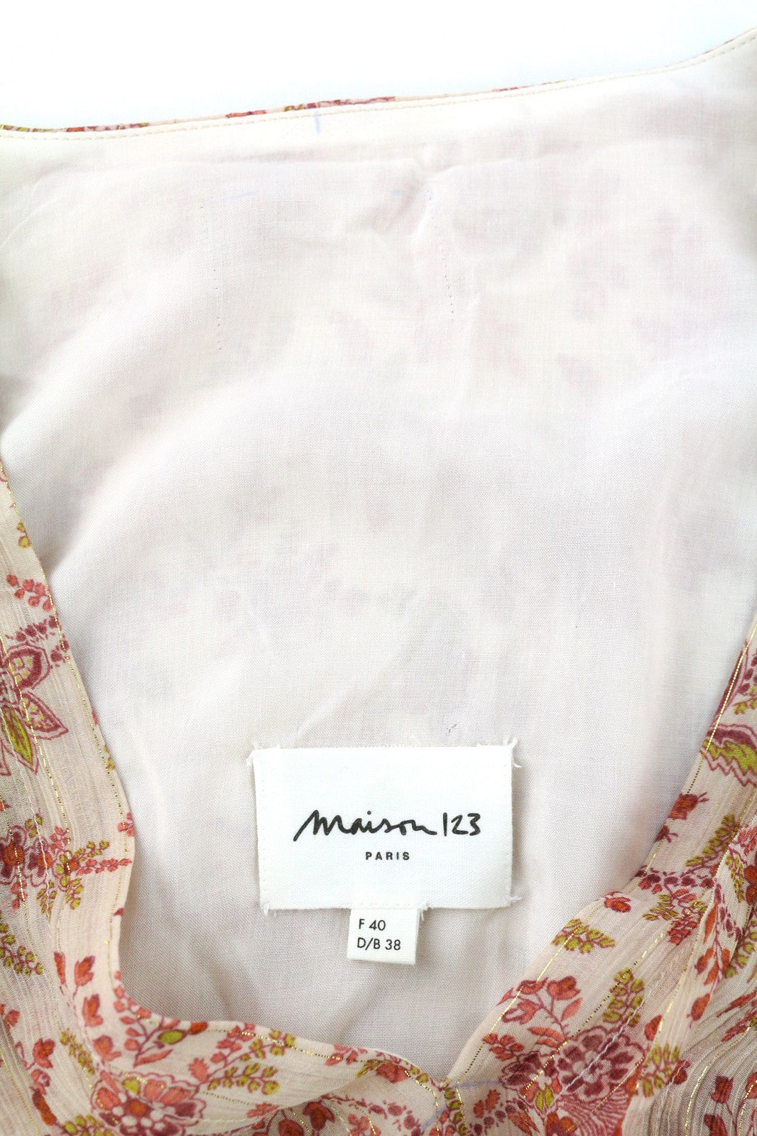 MAISON 123 Nao R Imprimee moteriška suknelė 40 šilko mišinio gėlėto rašto ilgomis rankovėmis 