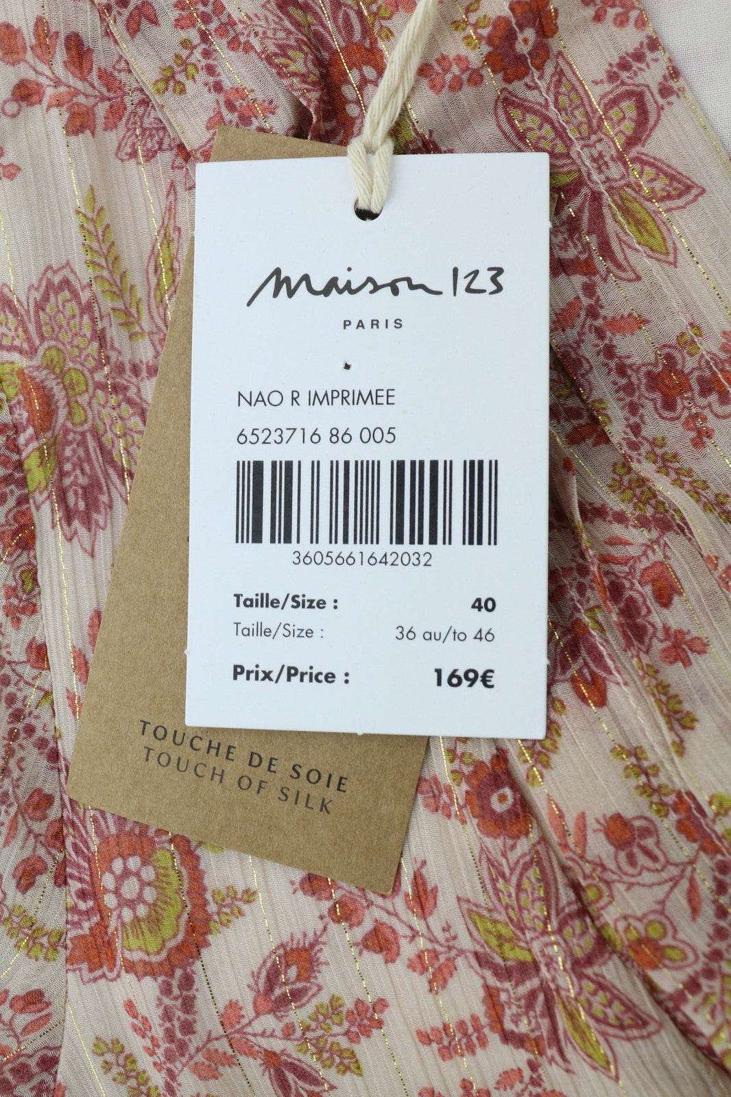 MAISON 123 Nao R Imprimee moteriška suknelė 40 šilko mišinio gėlėto rašto ilgomis rankovėmis 