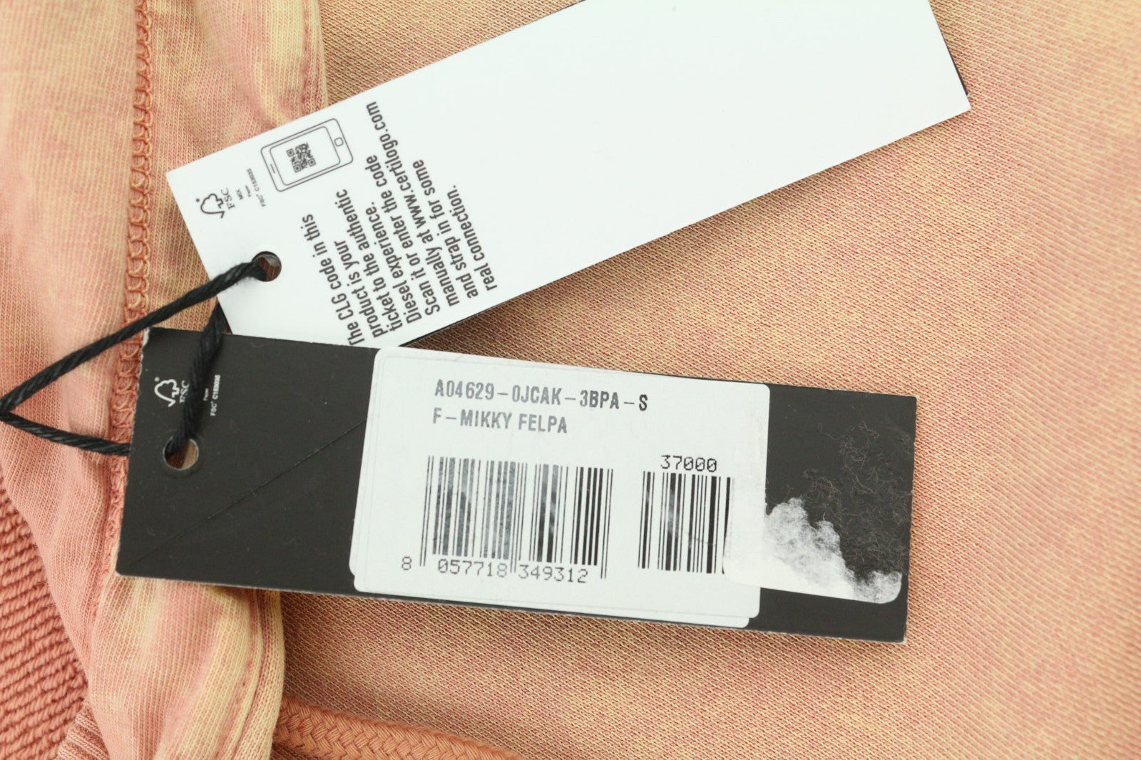 DIESEL F-Mikky Felpa moteriškas džemperis su gobtuvu S Peach Hood Asym Pocket Strap Logo RRP195 