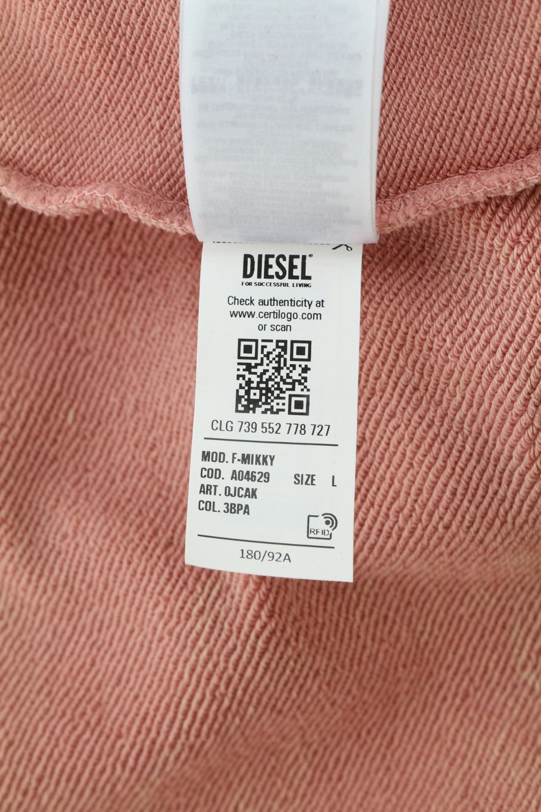 DIESEL F-Mikky moteriškas džemperis su gobtuvu L su persikų spalvos asimetrišku logotipu, RRP195 