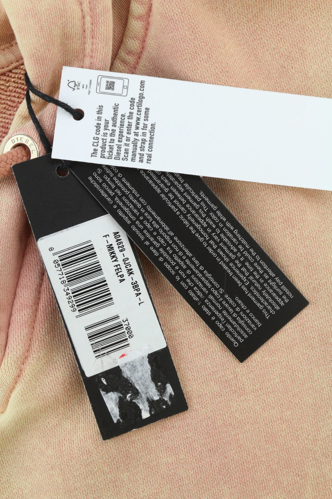 DIESEL F-Mikky moteriškas džemperis su gobtuvu L su persikų spalvos asimetrišku logotipu, RRP195 