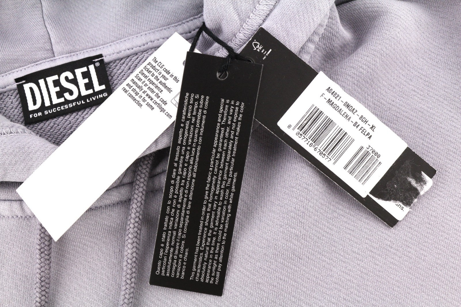 DIESEL F-Magdalena moteriškas džemperis su gobtuvu XL dydžio, violetinis, skalbtas, megztinis su gobtuvu ir dirželiu, RRP175 