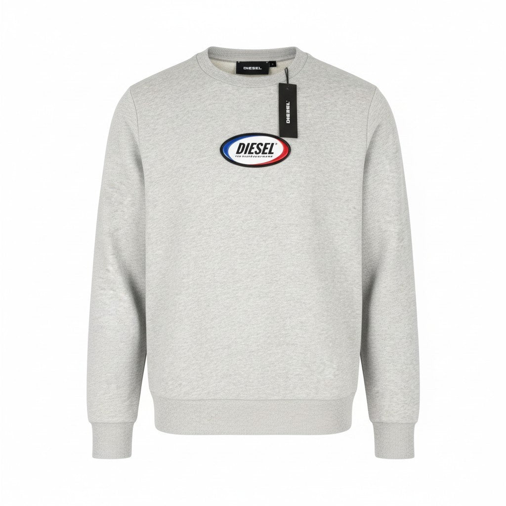 DIESEL S-Girk Men's Sweatshirt S Grey Melange Crew Neck Cotton Logo Pullover