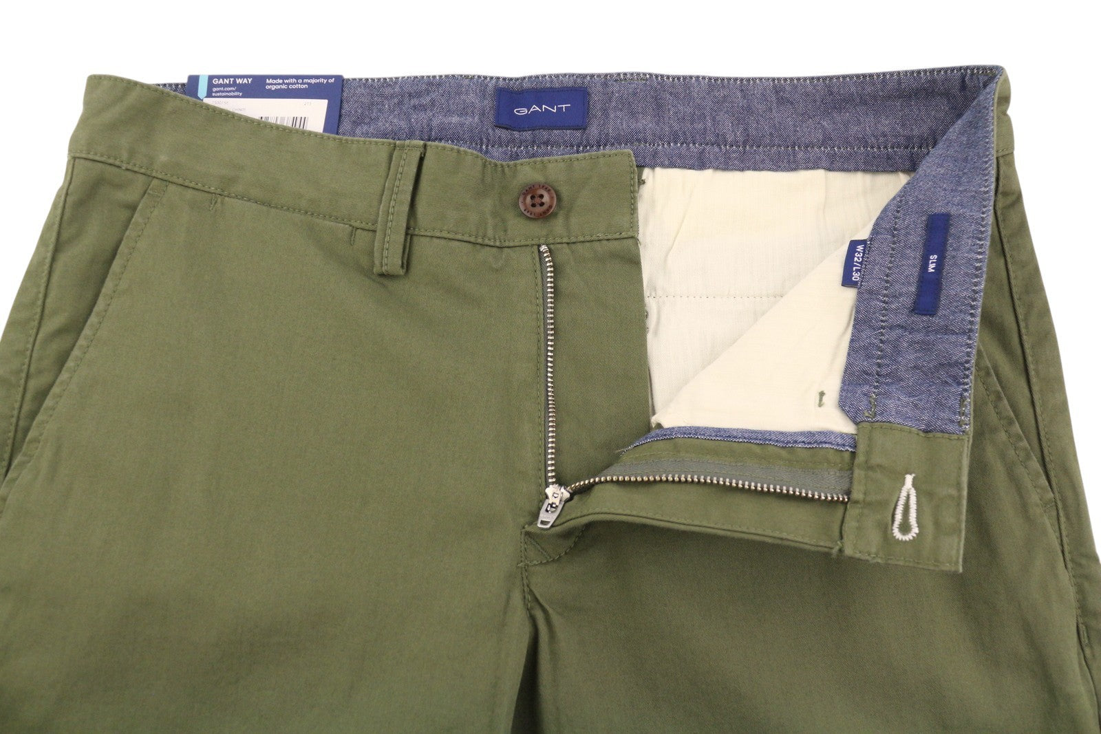 GANT Slim Twill Chinos Men Trousers W32/L30 Racing Green Casual Zip Fly Logo
